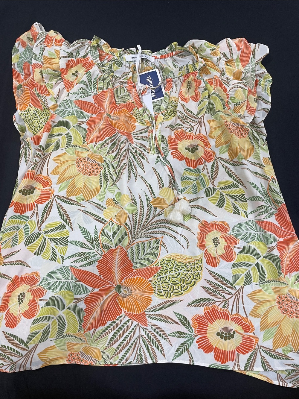 White Floral Ruffle Sleeve Peasant Top - Orange, Yellow & Green